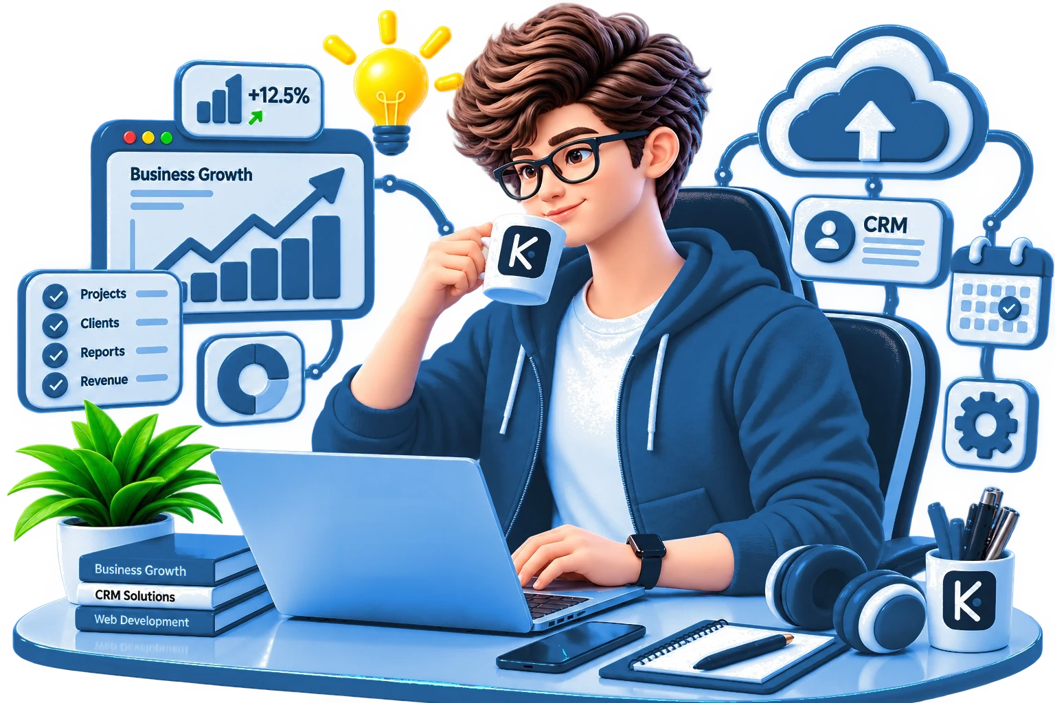 A Koncept Software Solutions developer at a laptop, surrounded by CRM, analytics and cloud panels
