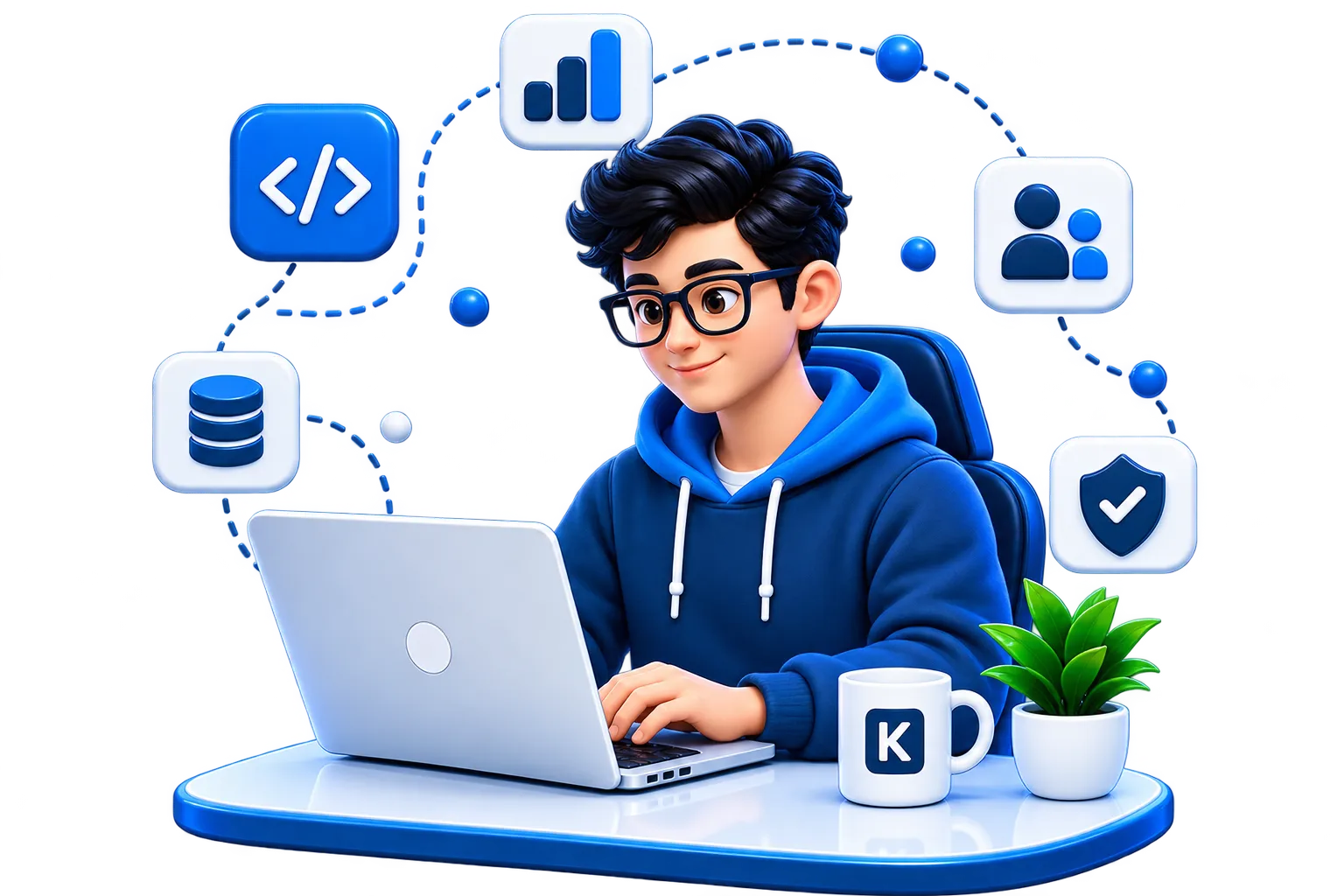 Illustration of a developer working at a laptop, surrounded by icons representing code, analytics, team collaboration, data, and security.