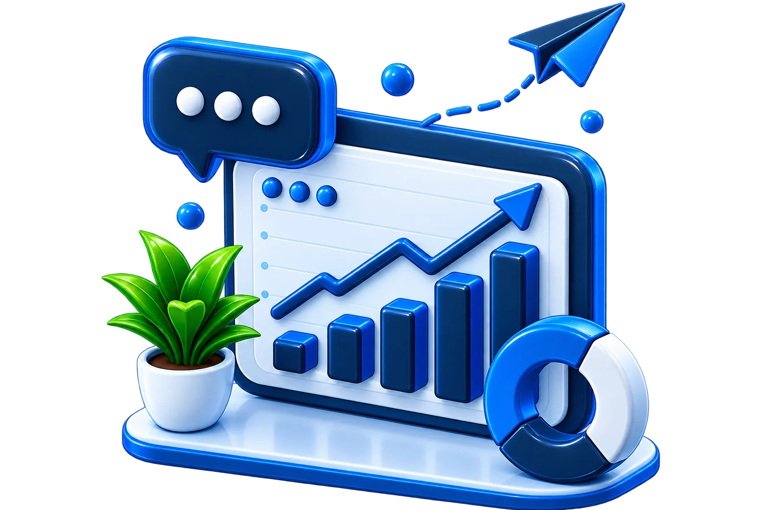 A dashboard showing business growth, with a chat bubble and a paper plane